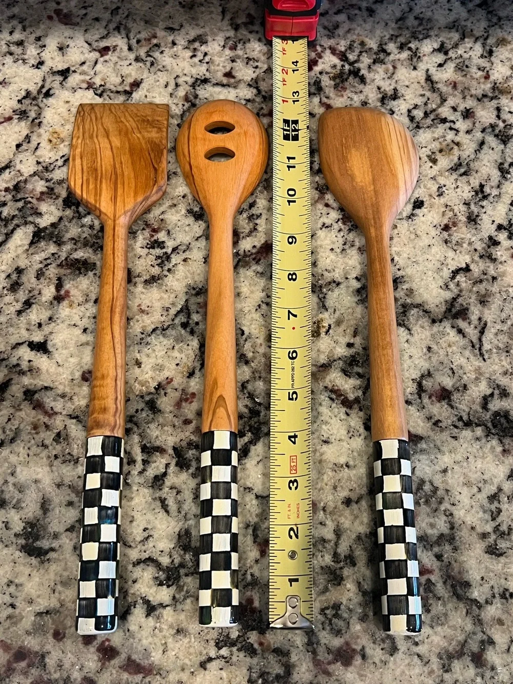 Mackenzie-Childs Courtly Check Olive Wood Utensils. Set of 3.  One w/ flaw.
